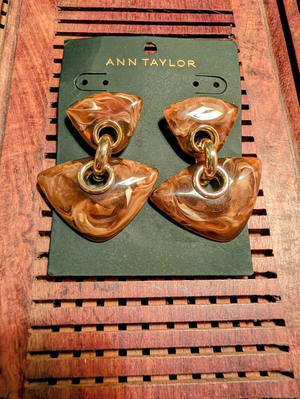 Ann Taylor Marbled Brown Resin Drop Earrings with Gold Rings